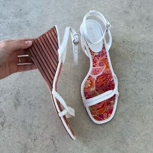 Ann Taylor White Leather Wedge Sandals with Pink Floral Insole